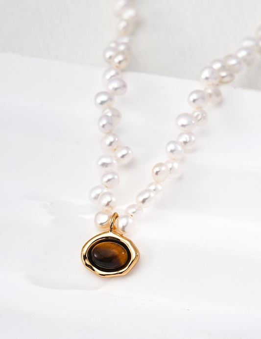 Natural Pearl & Tiger’s Eye Gemstones Necklace, tiger’s eye necklace, natural pearl necklace, gemstone necklace S925, vintage gemstone jewelry, tiger eye pearl jewelry, protective stone necklace