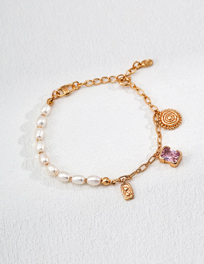 Vintage Natural Pearl & Pink Zircon Bracelet, pink zircon bracelet, natural pearl bracelet, S925 silver gemstone bracelet, vintage pearl jewelry, feminine bracelet, pearl zircon jewelry