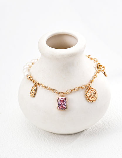 Vintage Natural Pearl & Pink Zircon Bracelet, pink zircon bracelet, natural pearl bracelet, S925 silver gemstone bracelet, vintage pearl jewelry, feminine bracelet, pearl zircon jewelry