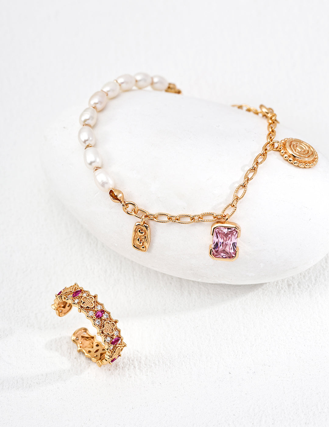 Vintage Natural Pearl & Pink Zircon Bracelet, pink zircon bracelet, natural pearl bracelet, S925 silver gemstone bracelet, vintage pearl jewelry, feminine bracelet, pearl zircon jewelry
