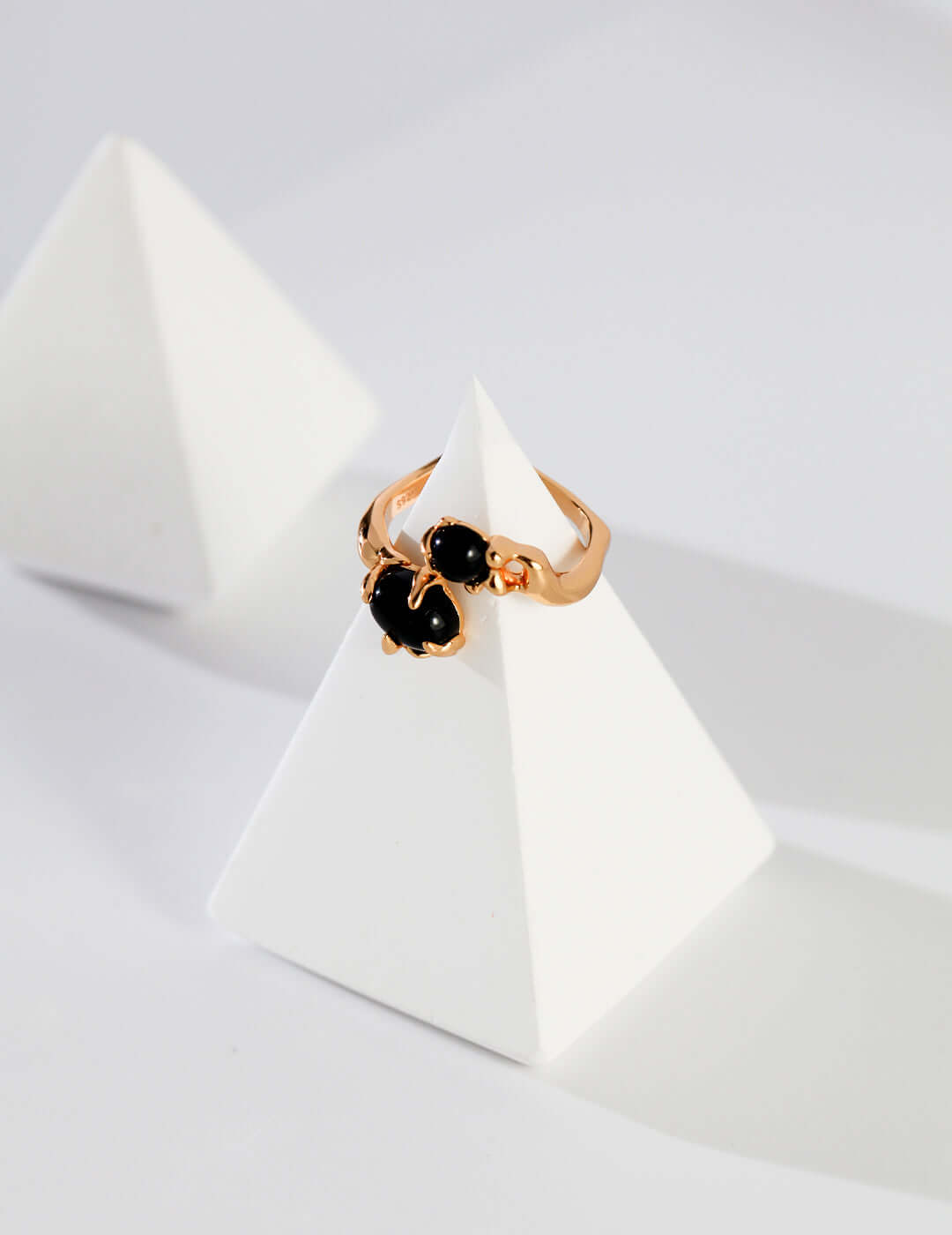 S925 Sterling Silver Black Dual Agate Open Ring Fluid Design