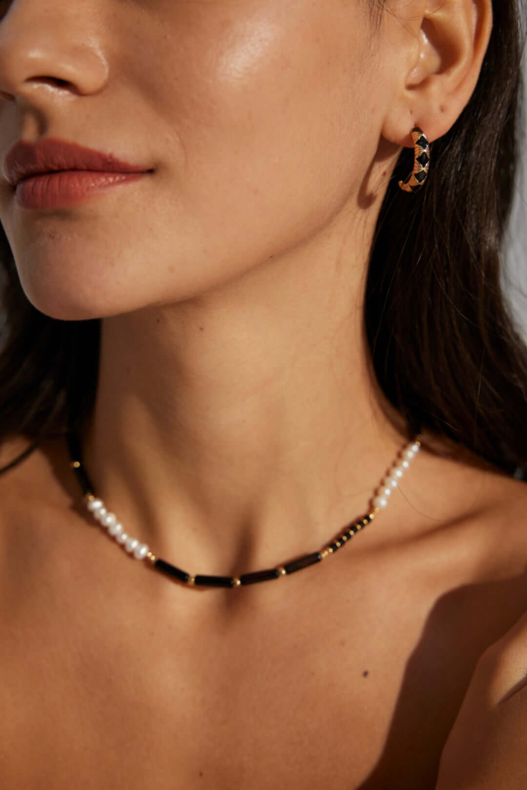 black onyx pearl necklace, black onyx necklace, pearl gemstone necklace, S925 silver pearl necklace, minimalist gemstone necklace, black and white jewelry, natural pearl necklace