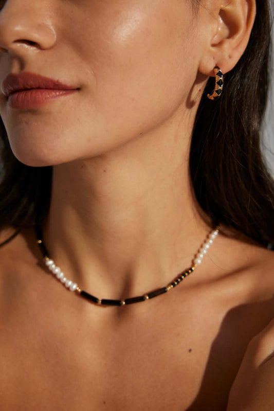 black onyx pearl necklace, black onyx necklace, pearl gemstone necklace, S925 silver pearl necklace, minimalist gemstone necklace, black and white jewelry, natural pearl necklace