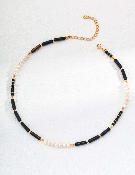 black onyx pearl necklace, black onyx necklace, pearl gemstone necklace, S925 silver pearl necklace, minimalist gemstone necklace, black and white jewelry, natural pearl necklace