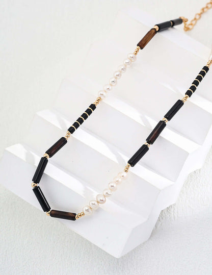 black onyx pearl necklace, black onyx necklace, pearl gemstone necklace, S925 silver pearl necklace, minimalist gemstone necklace, black and white jewelry, natural pearl necklace