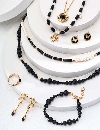 black onyx pearl necklace, black onyx necklace, pearl gemstone necklace, S925 silver pearl necklace, minimalist gemstone necklace, black and white jewelry, natural pearl necklace