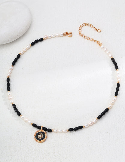 Black Onyx Enamel Pendant Necklace, S925 pearl enamel necklace, black onyx pendant, elegant gemstone necklace, black onyx pearl necklace, enamel pendant necklace, S925 silver gemstone necklace, elegant contemporary jewelry, natural pearl jewelry, black onyx jewelry