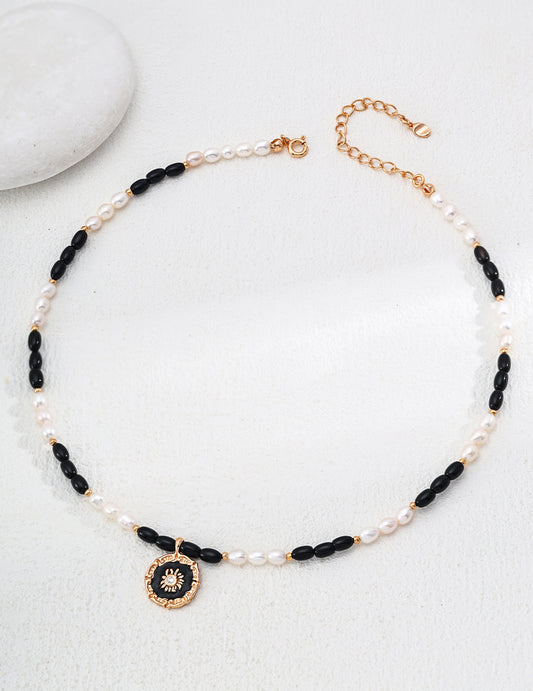 Black Onyx Enamel Pendant Necklace, S925 pearl enamel necklace, black onyx pendant, elegant gemstone necklace, black onyx pearl necklace, enamel pendant necklace, S925 silver gemstone necklace, elegant contemporary jewelry, natural pearl jewelry, black onyx jewelry