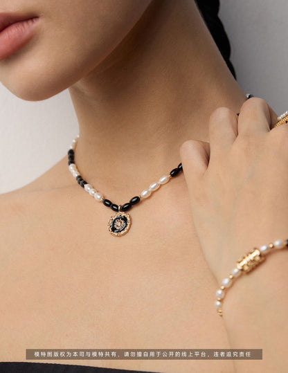 Black Onyx Enamel Pendant Necklace, S925 pearl enamel necklace, black onyx pendant, elegant gemstone necklace, black onyx pearl necklace, enamel pendant necklace, S925 silver gemstone necklace, elegant contemporary jewelry, natural pearl jewelry, black onyx jewelry
