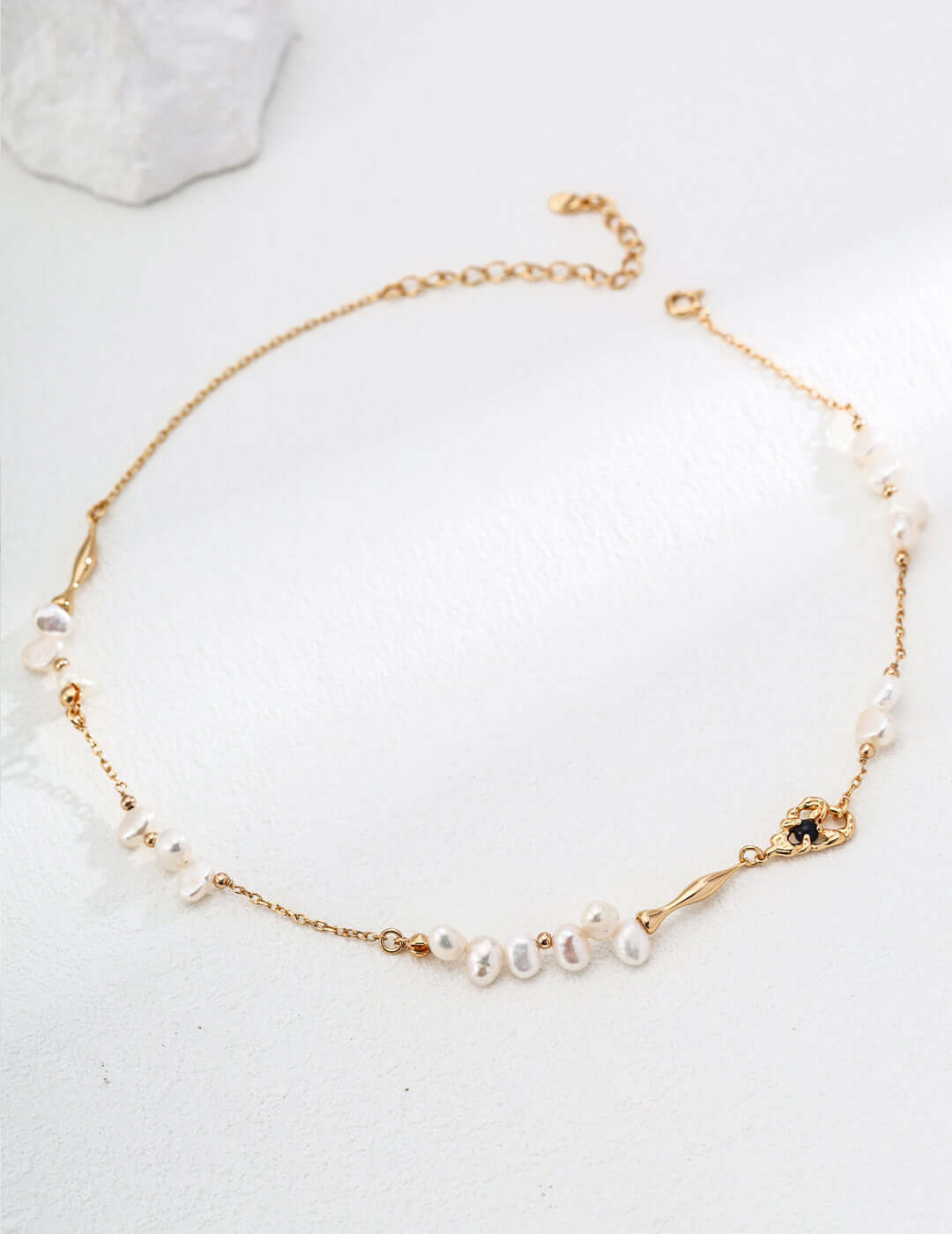 S925 Silver Baroque Pearl & Black Onyx French Style Necklace