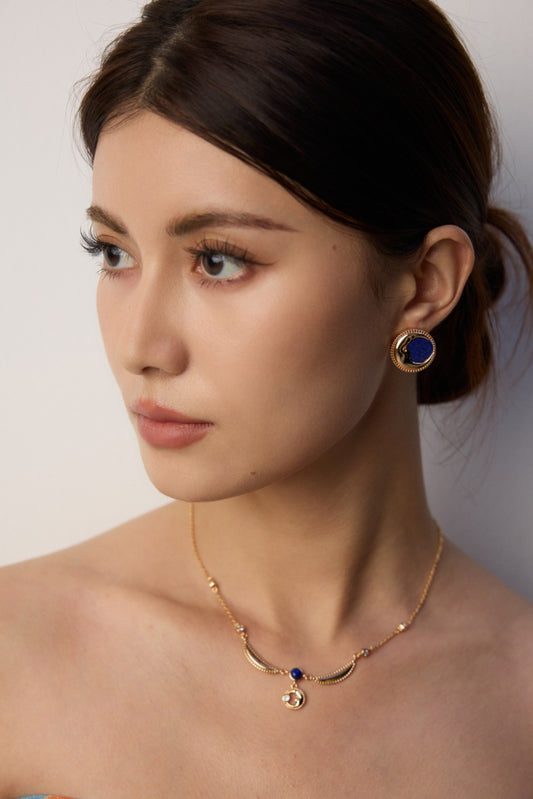 S925 Silver Lapis Lazuli & Zircon Necklace - Vintage Fluid Design