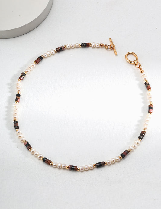 Tiger’s Eye & Natural Pearl Necklace | S925 Minimalist Elegant