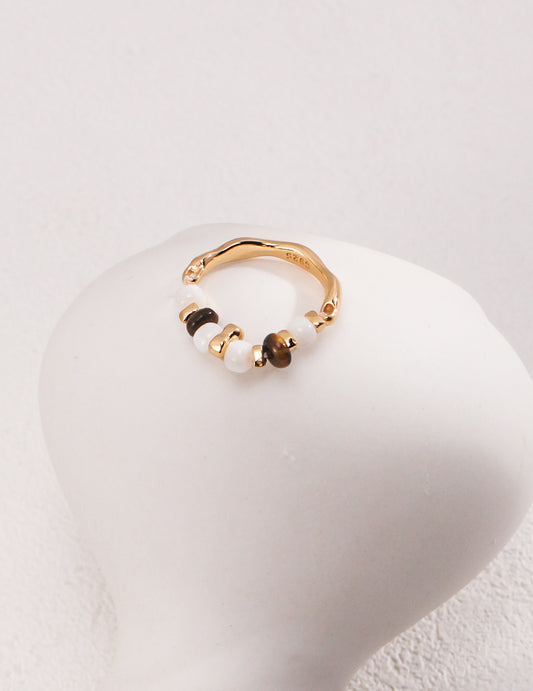 Vintage Gold Tiger Eye Beaded Ring | Mother of Pearl Inlay