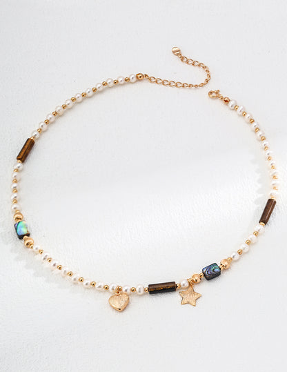 S925 silver star necklace with pearl tiger eye and abalone shell