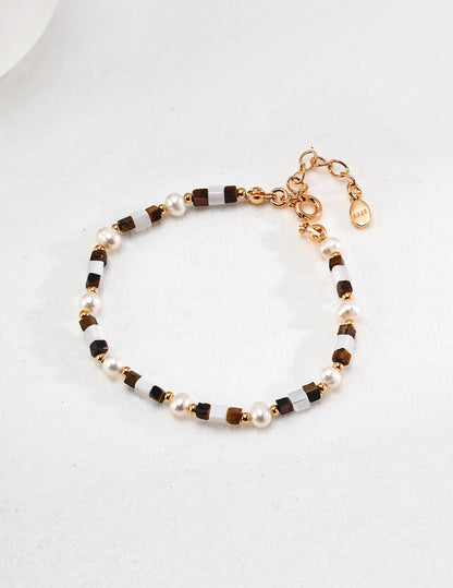 Tiger Eye & Natural Pearl Bracelet With Mother of Pearl