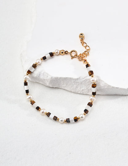 Tiger Eye & Natural Pearl Bracelet With Mother of Pearl