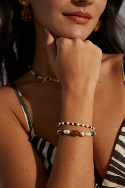 Tiger Eye & Natural Pearl Bracelet With Mother of Pearl