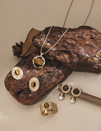 Tiger Eye Pendant Necklace | Hand-Carved Volcanic Texture