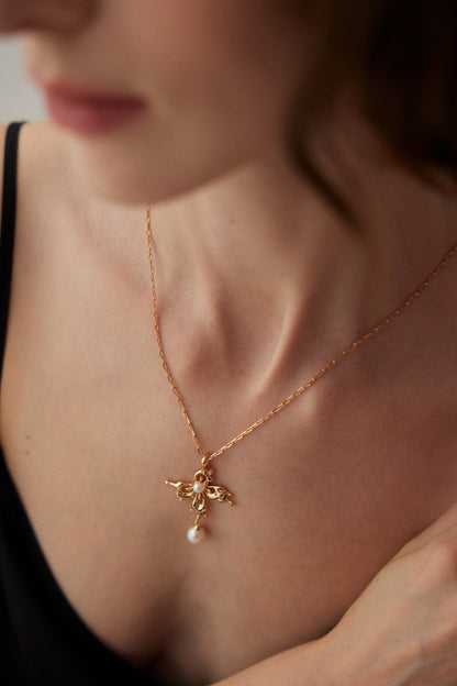 Butterfly Orchid Pearl Necklace | S925 Silver Tassel Design