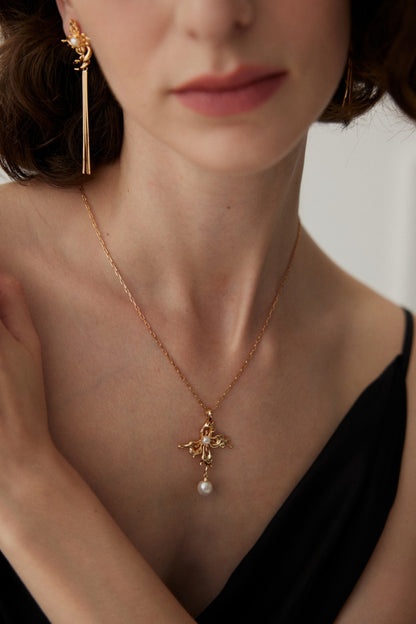 Butterfly Orchid Pearl Necklace | S925 Silver Tassel Design