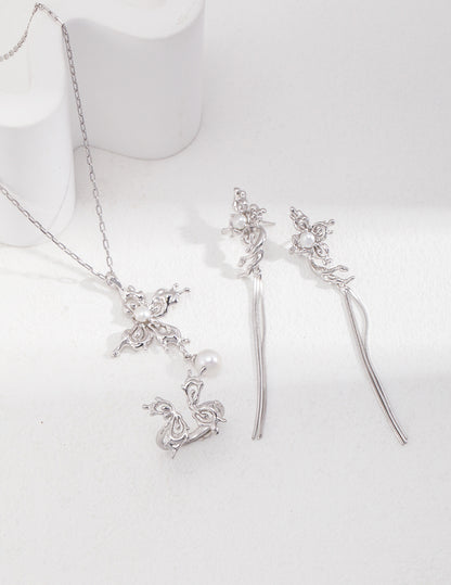 Butterfly Orchid Pearl Necklace | S925 Silver Tassel Design