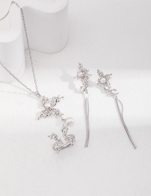 Butterfly Orchid Pearl Necklace | S925 Silver Tassel Design