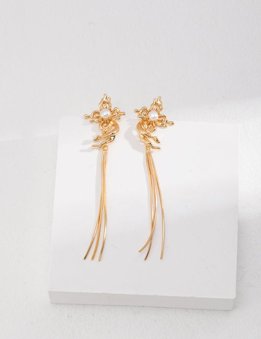 Butterfly Orchid Pearl Earrings | S925 Silver Tassel Design