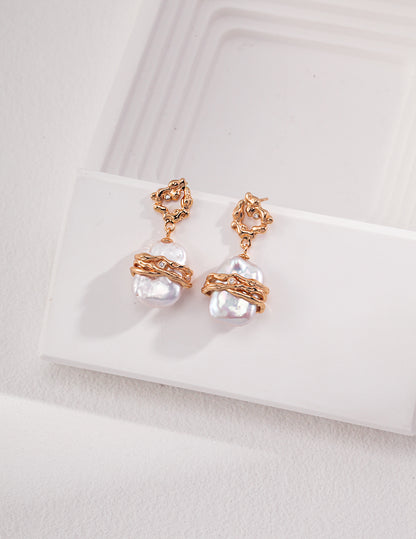 S925 Silver Baroque Pearl Earrings | 18K Vintage Gold