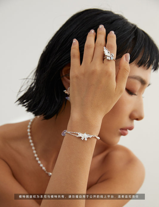 S925 Silver Gemstone Butterfly Ring | Layered Texture Design