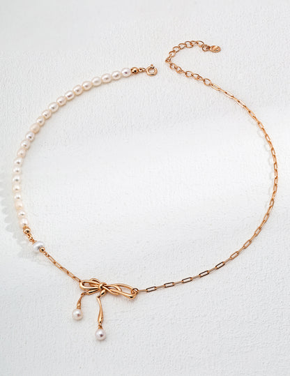 S925 Silver Bowknot Pearl Necklace | Vintage Gold & Platinum