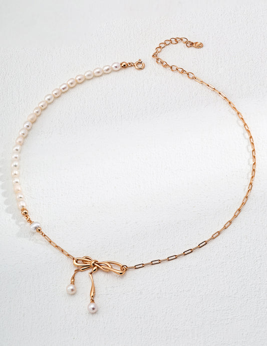 S925 Silver Bowknot Pearl Necklace | Vintage Gold & Platinum