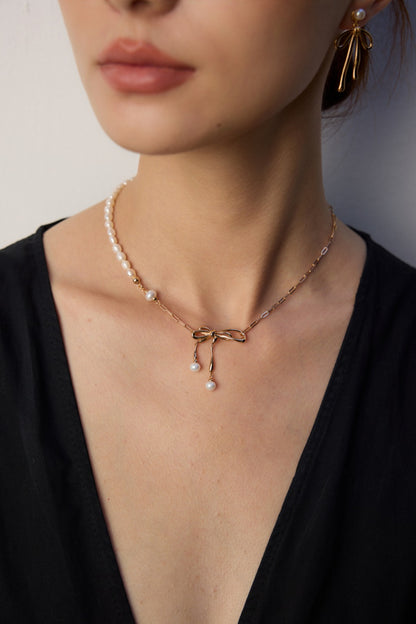 S925 Silver Bowknot Pearl Necklace | Vintage Gold & Platinum