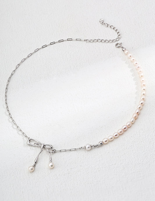S925 Silver Bowknot Pearl Necklace | Vintage Gold & Platinum