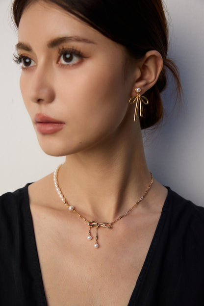 S925 Silver Bowknot Pearl Necklace | Vintage Gold & Platinum