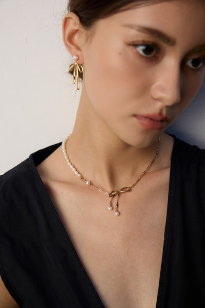 S925 Silver Bowknot Pearl Necklace | Vintage Gold & Platinum